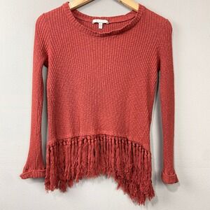 Anthropologie Eri + Ali Fringe Sweater Size XS Cropped Ribbed Knit Top Rust Boho